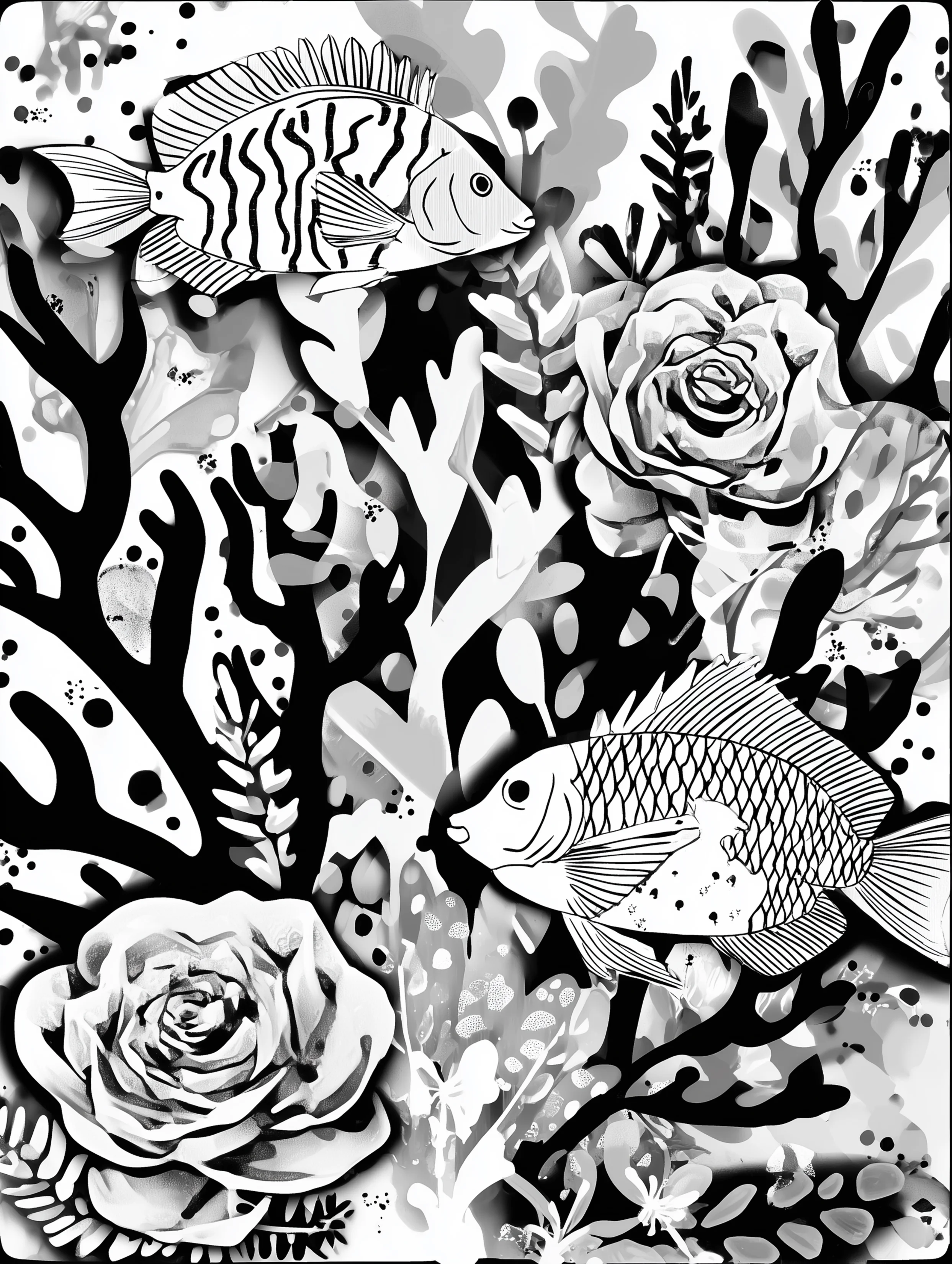 Free printable coloring page for adults featuring fish and seaweed design
